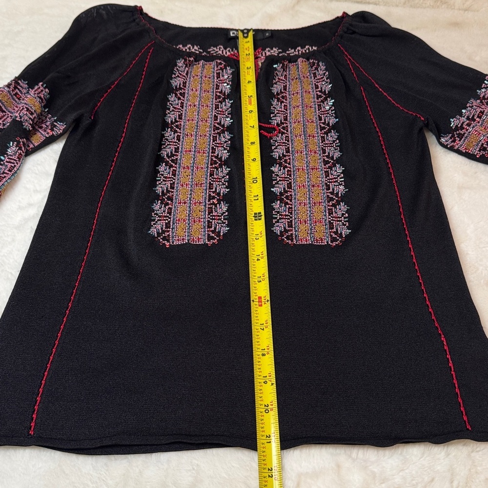 DKNY Beaded & Embroidered Silk Boho Peasant Blouse Festival Top, Flare Sleeves - Picture 13 of 16